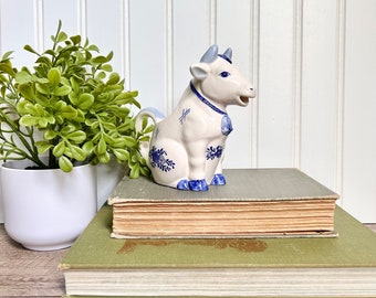 Vintage Blue and White Delft Style Sitting Cow Shaped Creamer | Open Mouth | Hand Painted, Made in Taiwan Giftcraft
