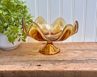 Vintage Mid Century Viking Epic Amber Art Glass Lotus Pedestal Bowl | 7&quot; Bowl, 6 Petals | Fruit, Candy, Compote Dish
