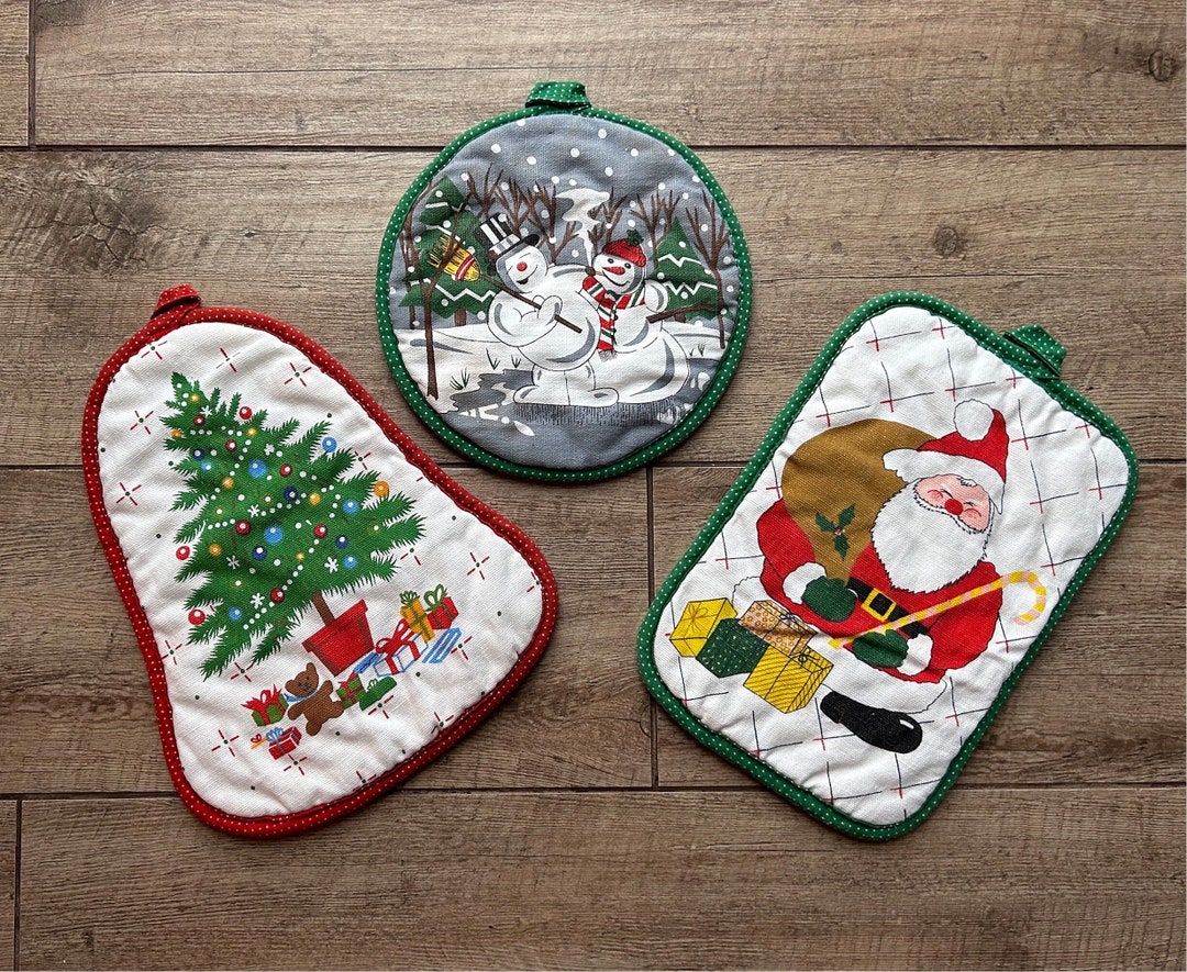 Set of 3 Vintage Christmas Quilted Pot Holders | Santa, Snowmen, Tree ...