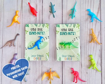 PRINTED Personalized Dinosaur Party Favor Card with Toy | Birthday Party Favor Decor | Dino Three Rex Kid Gift | Dino-Mite Child Class Gift