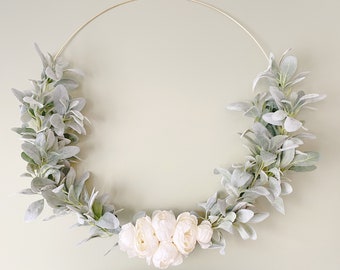 Oversized Large 27” Lambs Ear Floral Peony Hoop Wreath | Wall Hanging | Nursery Decor | Wedding | Farmhouse, Boho, Minimalist, Shabby Chic