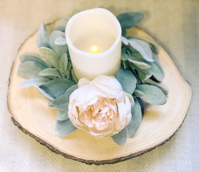 Spring Purple Lambs Ear & Peony Floral Candle Ring Wedding Centerpiece, Table Decor, Mantle, Nursery Decor Farmhouse Boho Minimalist image 5