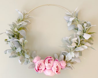Oversized Large 19” Lambs Ear Floral Peony Hoop Wreath | Wall Hanging | Nursery Decor | Wedding | Farmhouse, Boho, Minimalist, Shabby Chic