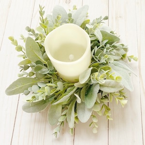 Lambs Ear & Frosted Eucalyptus Candle Ring | Wedding Centerpiece, Table Decor, Mantle, Nursery Decor | Farmhouse | Boho | Minimalist | Chic