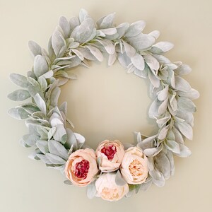 Large 20” Lambs Ear Floral Peony Wreath | Wall Hanging | Front Door | Nursery Decor | Wedding | Farmhouse, Boho, Minimalist, Shabby Chic