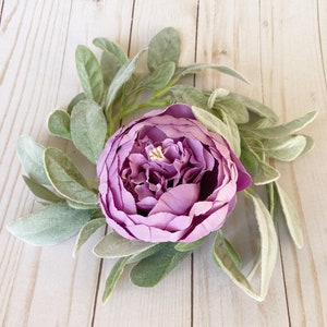 Spring Purple Lambs Ear & Peony Floral Candle Ring Wedding Centerpiece, Table Decor, Mantle, Nursery Decor Farmhouse Boho Minimalist image 1