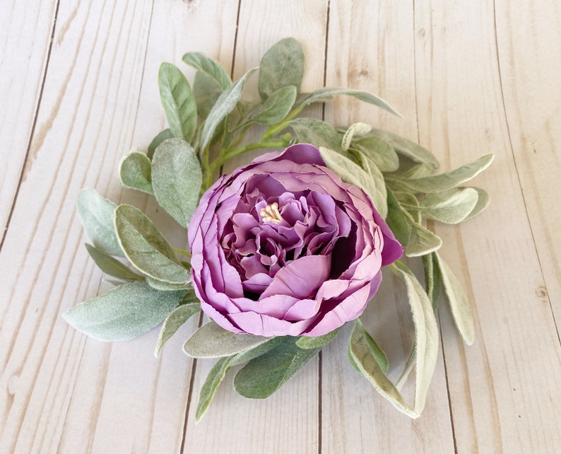 Spring Purple Lambs Ear & Peony Floral Candle Ring Wedding Centerpiece, Table Decor, Mantle, Nursery Decor Farmhouse Boho Minimalist image 1