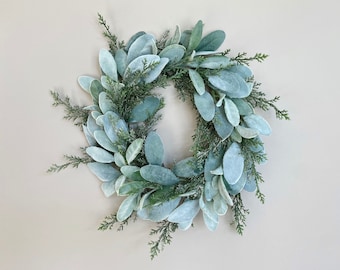 Glitter Sparkle Cedar Lambs Ear Wreath | Large 15” Wall Hanging | Front Door Wreath Decor | Winter Wreath | Farmhouse Minimalist Whimsical