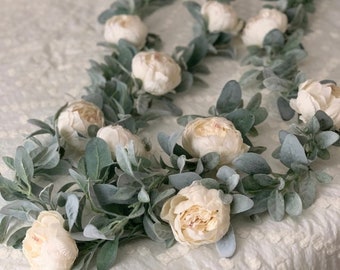 Lambs Ear and Peony Floral Garland | Wedding Table Garland, Nursery Decor | Tent Framing | Farmhouse | Boho | Minimalist | Shabby Chic