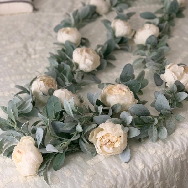 Mother’s Day Gift | Lambs Ear and Peony Floral Garland | Wedding Table Garland, Nursery Decor | Tent Framing | Farmhouse | Boho | Minimalist