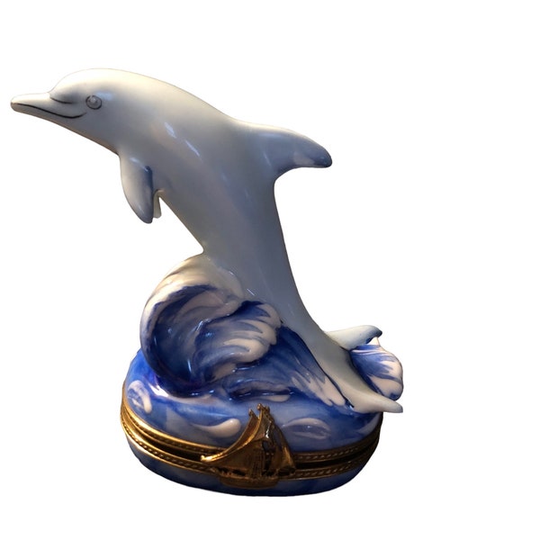 Limoges France Vintage Peint Main Dubarry Dolphin on a Wave Hinged Trinket Box, France