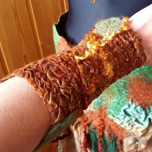 Pixie leafy cuff for elven. Felted wool bracelet, wristband for woodland  witch, festival costume.