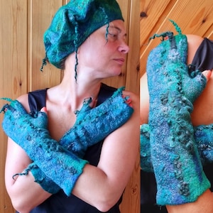 Pixie cuffs gloves for elven. Felted wool arm warmers for woodland  witch, festival costume.