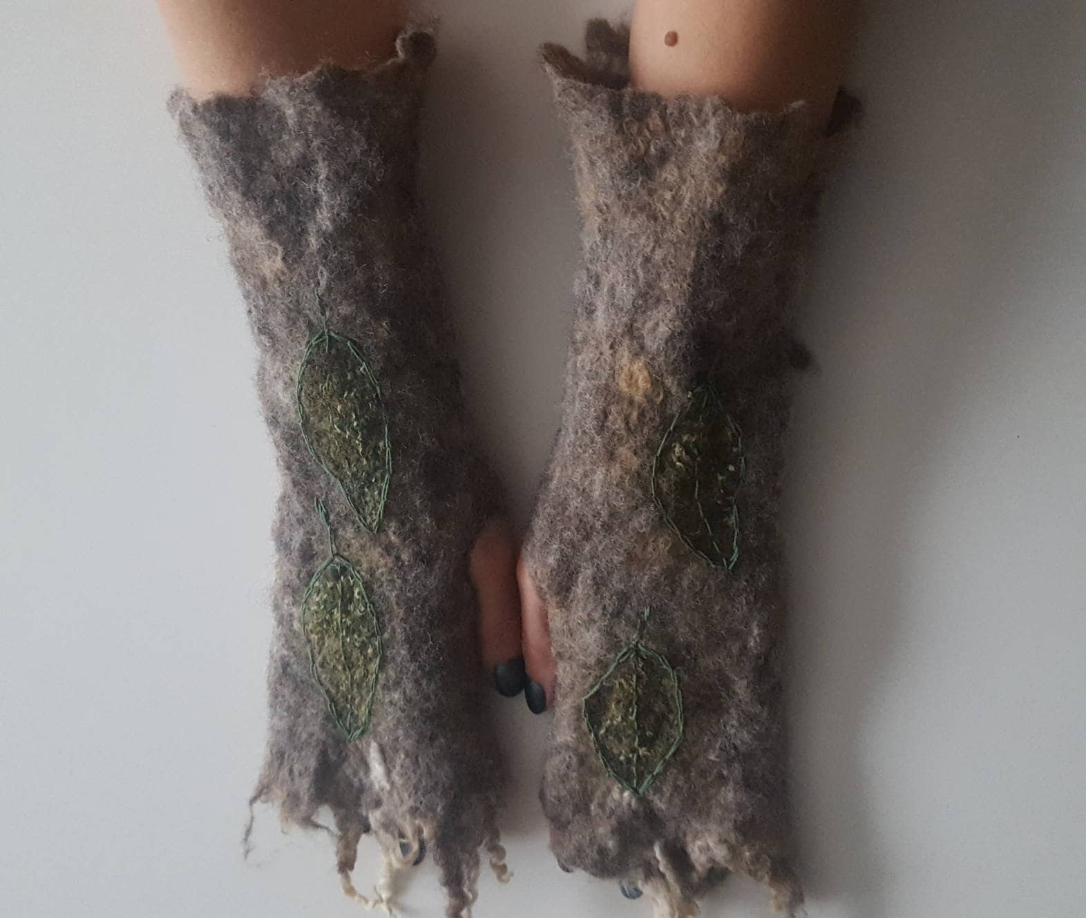 Pixie fingerless gloves for elven. Felted wool arm warmers for woodland witch, festival costume.