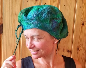 Handmade Felted Pixie Beret: Forest Green Witch Hat, Festival Costume