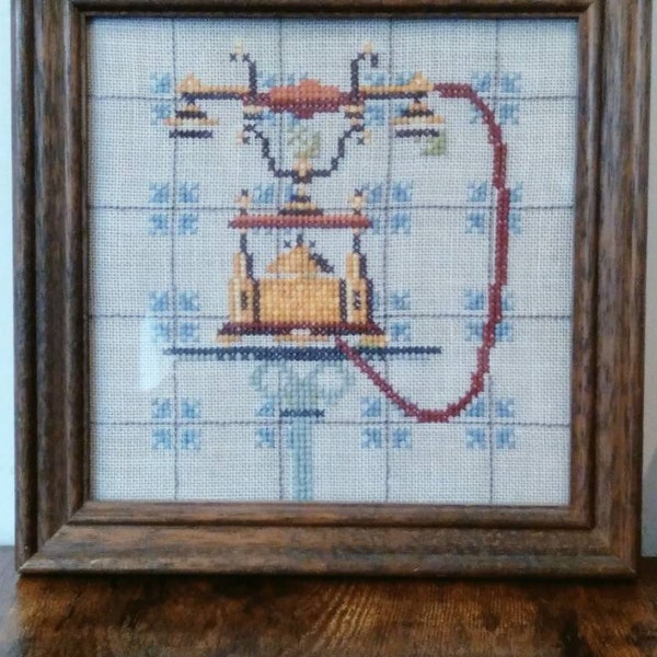 Vintage Framed Completed Embroidery Cross Stitch Antique Standing Telephone Brown Wooden Frame