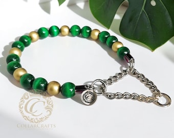 Dog Collar Emerald Gold Beaded Pet Collar for Large Dogs Unbreakable Pets Necklace Green Beads Leash-Safe