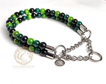 Green Beaded Dog Collar: Natural Wood Beads Large Breed Unbreakable necklace Leash Safe
