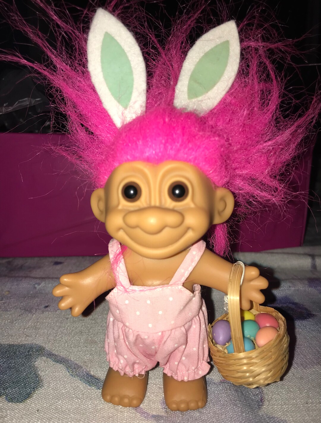 Russ Easter Troll Doll in Pink Jumper, Green Rabbit Ears, Egg Basket ...