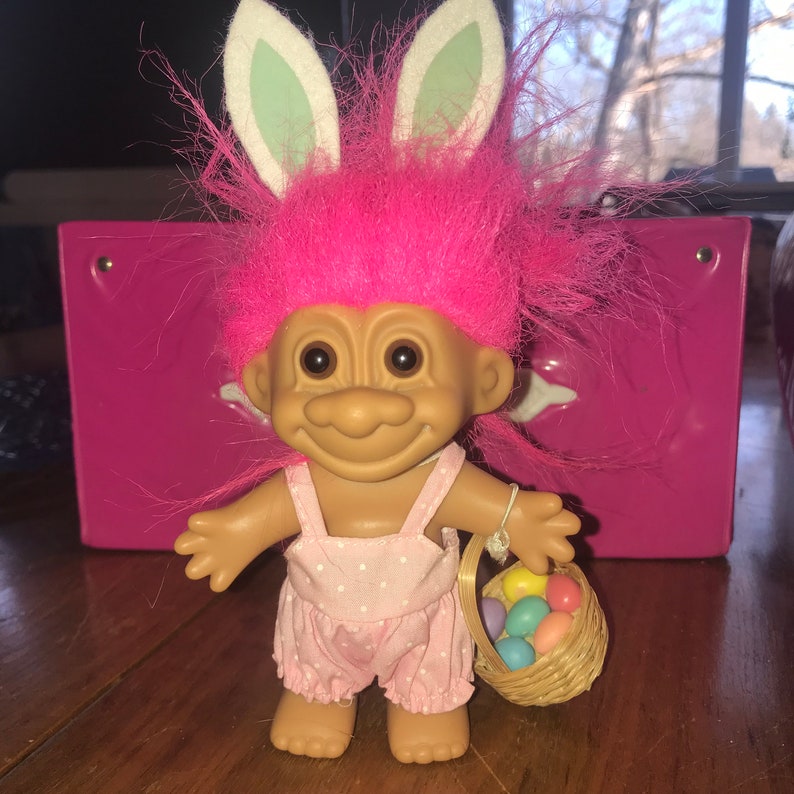 Russ Easter Troll Doll in Pink Jumper, Green Rabbit Ears, Egg Basket ...