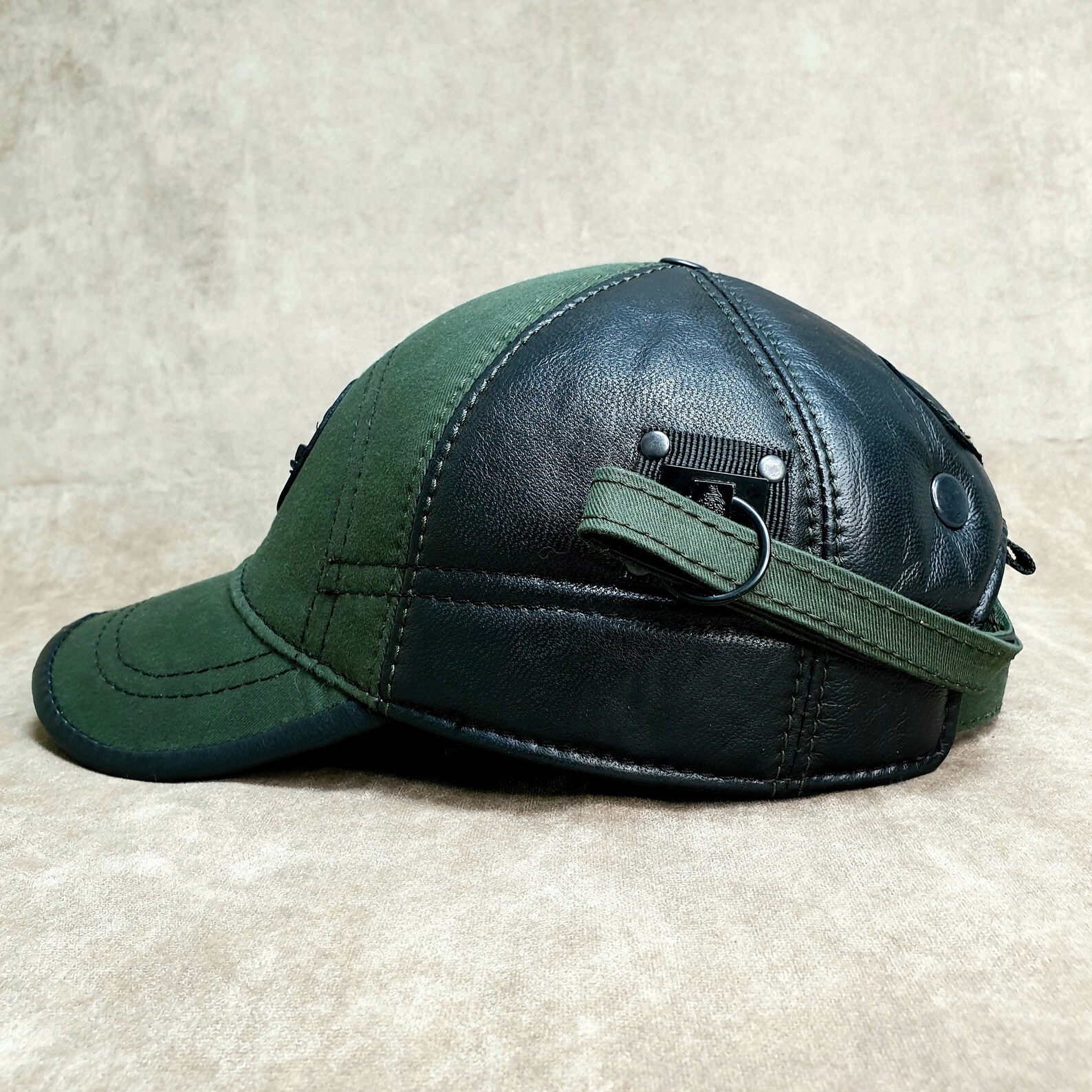 Handmade Leather Baseball Cap With Denim Navy Dark Green Etsy