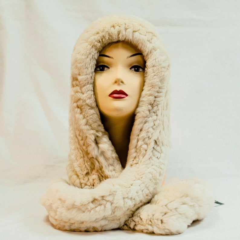 Rabbit hooded scarf knitted handmade hood beige pearl real fur s Rabbit hooded scarf knitted handmade hood beige pearl real fur s