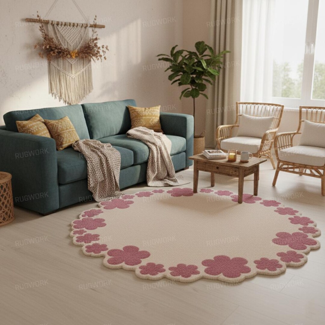 Pulse Border Rug Hand Tufted Floral Round Wool Rug, Scalloped Flower Border, for Bedroom ...