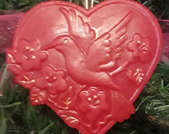 Hummingbird in Heart Beeswax Ornament in Traditional Red