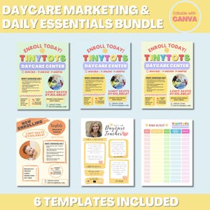 Daycare Marketing Bundle, Child Care Flyer Templates, Baby Sitting, Play Center, Sign In Sheet, Meet the Teacher Form, Editable on Canva