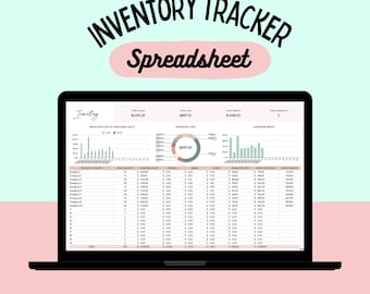 May include: A black laptop displaying an inventory tracker spreadsheet. The screen shows data visualizations and a table with columns for product category, quantity, and value. The text "INVENTORY TRACKER Spreadsheet" is at the top.