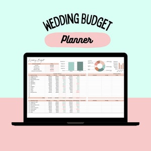 May include: A laptop screen displaying a wedding budget planner spreadsheet with categories for bride & groom attire, ceremony & reception, and vendor details. The spreadsheet includes columns for budget, actual, difference, balance due, and notes. The spreadsheet is organised with a light green and pink colour scheme.