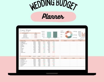 May include: A laptop screen displaying a wedding budget planner spreadsheet with categories for bride & groom attire, ceremony & reception, and vendor details. The spreadsheet includes columns for budget, actual, difference, balance due, and notes. The spreadsheet is organised with a light green and pink colour scheme.