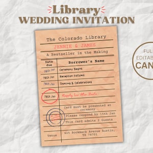 Modello di invito a nozze con tessera biblioteca / Invito modificabile per amanti dei libri Canva / Stampabile con data di ritiro in biblioteca vintage
