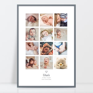 Mi impresión fotográfica del primer año, Collage de fotos del bebé, Impresión de hitos del bebé, Cuadrícula de fotos de 12 meses, Impresión personalizada del bebé, Regalo de cumpleaños del bebé, Cuadrícula de fotos