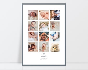 My first year photo print, Baby photo collage, Baby milestone print, 12 month photo grid, Custom baby print, Baby birthday gift, Photo grid