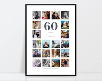 May include: A black and white photo collage celebrating 60 years of Charlie. The collage features 20 photos in a grid layout with the number 60 in large, bold, gray font at the top.