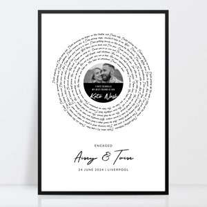 Songtekst vinylprint, verlovingsfotocadeau, gepersonaliseerde muziekkunst, artiest bandzanger, gepersonaliseerde platenafdruk, verlovingsaandenken