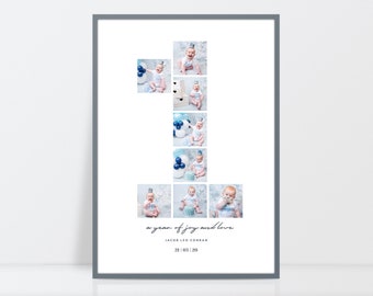 Personalised first year birthday print, first year photo collage, Baby birth print, New baby gift, 1st birthday present, Baby milestone
