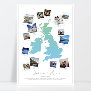 UK Reise Karte, personalisierte Reise Karte, Geschenk zur Verlobung, Reise Foto Foto Collage, Reise Polaroid, Urlaub Fotoabzug, A3, A4