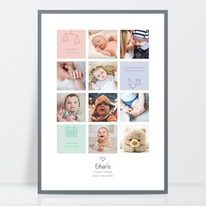 Impresión del primer año del bebé, Collage de fotos del recién nacido, Cuadrícula de fotos de 12 meses, Impresión personalizada del bebé, Regalo personalizado del bebé, A3, A4, 10X12