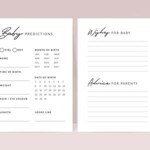 Minimalistische voorspellingskaarten babyshower, babywenskaarten, advies voor ouders, gezelschapsspelletjes, babyshowerspel, babyshower aandenken