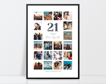 Könnte beinhalten: Ein weißer Foto-Collage mit 21 Fotos in einem Rasterlayout. Die Zahl 21 ist in großer grauer Schrift oben auf der Collage. Der Text "Years of Kira Smith" befindet sich unter der Zahl. Der Text "Add an optional message here" befindet sich unten auf der Collage.