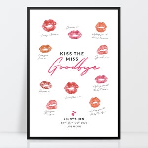 Kiss the Miss Goodbye print, Personalizowany wieczór panieński, Gry na wieczór panieński, Pamiątka na wieczór panieński, Prezent dla przyszłej panny młodej, Pomysły na wieczór panieński, Personalizowany prezent na wieczór panieński