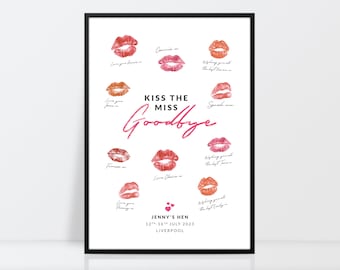 May include: A white printable sign with the text "Kiss the Miss Goodbye" in pink and black lettering. The sign features a design of red and pink lips with text underneath each lip. The sign also includes the text "Jenny's Hen 12th-16th July 2023 Liverpool".