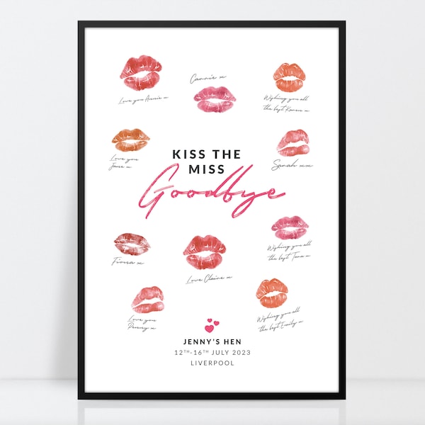 Kiss the Miss Goodbye print, Personalised Hen Party, Hen Night Games, Hen do Keepsake, Bride to be gift, Hen do ideas, Personalised Hen Gift