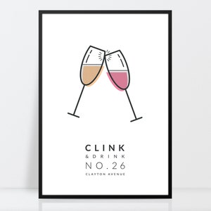 Clink and drink print, House number print, Prosecco art, Bar art, A3, A4, 10x12, Unframed