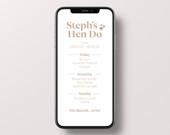 Puede incluir: La pantalla de un teléfono inteligente que muestra un programa para un fin de semana de despedida de soltera. El texto dice "Steph's Hen Do" con las fechas "13.05.22 - 15.05.22". El programa incluye actividades como brunch, elaboración de cócteles, buffet de desayuno, carreras de York y un salón Sapphire.