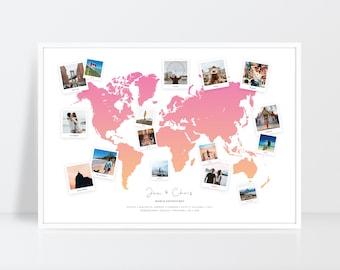 May include: A pink and orange world map with photos of couples traveling to different countries. The map is titled "World Adventures" and has the names "Jon & Chris" written below.