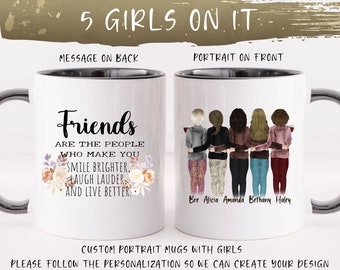 Custom Portrait 5 Friends mug - Personalized mug with 5 girls on it - Five Friends mug - Five sisters mug - Holding Wine - Customize it