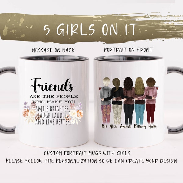 Custom Portrait 5 Friends mug - Personalized mug with 5 girls on it - Five Friends mug - Five sisters mug - Holding Wine - Customize it